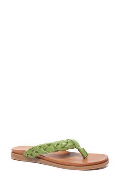 Braided vamp straps and a center toe post lend timeless style to a leather flip flop grounded by a cushioned footbed for lasting comfort. 1/2" platform Flat sole Cushioned footbed Leather upper and lining/rubber sole Imported Green Footbed Sandals With Removable Insole For Beach, Green Beach Footbed Sandals With Removable Insole, Green Footbed Sandals For The Beach, Green Synthetic Sandals With Single Toe Strap, Closed Toe Synthetic Flip Flops With Leather Footbed, Spring Leather Flip Flops With Arch Support, Adjustable Leather Footbed Flip Flops For Vacation, Synthetic Toe Post Footbed Sandals With Textured Footbed, Synthetic Toe Post Sandals With Textured Footbed