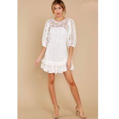 Nwot Sweet Love White Lace Dress Size Xs. This One Of A Kind Lace Dress Features Sheer Lace Detailing, Three Quarter Sleeves With Elastic Cuffs And A Functional Zipper At Back. 90% Polyester And 10% Spandex. White Ruffle Hem Mini Dress, Knee-length Mini Dress With Lace Trim For Brunch, Knee-length Lace Trim Mini Dress For Brunch, Short Sleeve Mini Dress With Lace Sleeves For Brunch, Short Sleeve Mini Dress With Lace Trim For Brunch, White Flirty Mini Hem Dress, White Knee-length Mini Dress With Ruffle Hem, Mini Lace Dress With Lace Trim For Brunch, Mini Lace Dress With Ruffle Hem