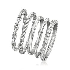 Ross-Simons - Sterling Silver Jewelry Set: Five Stackable Rings. Size 6. This set of five on-trend rings puts endless opportunity for stunning stacks at your very fingertips! Includes beaded, twisted, paper clip link, bamboo-style and polished bands, handcrafted in sterling silver. 3/8" wide when worn together. Sterling silver stackable ring set. Trend Rings, Sterling Silver Stackable Rings, Silver Jewelry Set, Stackable Ring Sets, Silver Jewellery Sets, Stackable Ring, Stackable Rings, Paper Clip, Ring Set