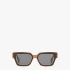 Rectangular Fendi First glasses in beige acetate. Temples with oversize diagonal F motif in gold-coloured metal. Smoke-grey lenses. Made in Italy. One Size Grey Lenses, Sunnies, Gold Color, Metallica, Lenses, Fendi, Women Accessories, Grey, Gold