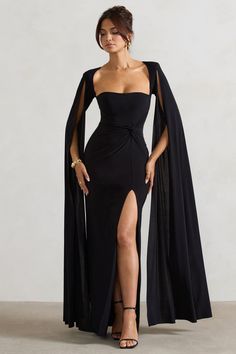 Claretta Black Square Neck Twisted Maxi Dress With Cape Sleeves – Club L London - USA Long Sleeve Black Evening Dress, Scene Stealer, Long Cape, Club L London, Fitted Maxi Dress, Floor Length Prom Dresses, Leg Split, Evening Dresses With Sleeves, Long Sleeve Evening Dresses