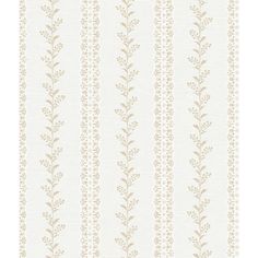 a white and beige striped wallpaper with small leaves on the bottom half of it