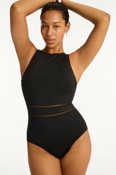 Eco Essentials High Neck One Piece - Eco Essentials Black - Sea Level Australia Compressive Nylon Swimwear For The Beach, Compressive Polyamide Swimwear For Summer, Black Stretch Bodysuit In Polyamide, Stretch Polyamide Bodysuit, Black Stretch Polyamide Bodysuit, Compressive Black Nylon Bodysuit, Black Compressive Nylon Bodysuit, Black Compressive Swimwear With Lined Body, Compressive Lined Swimwear