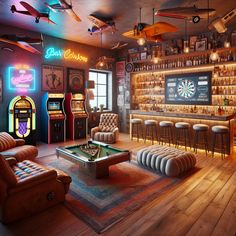 A quirky man cave boasting a custom bar, vintage games, neon lights, and comfortable lounges. The fun, eccentric decor includes retro posters, model airplanes, and an eye-catching pool table. #ManCave #RetroDesign #GameRoom #BarDecor #PoolTable #VintageDécor Garage Game Rooms, Eccentric Decor, Gaming Lounge, 100 Books, Bar Vintage, Retro Posters