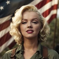 a woman with blonde hair standing in front of an american flag and looking off to the side