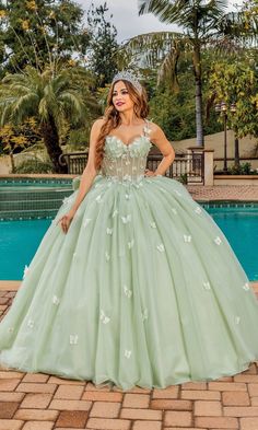 Long pastel quinceanera a-line ball gown with sweetheart neckline and bow detail on back. Prom Dresses Big Poofy, Quince Court Pictures, Quinceanera Outfits, Sweet 16 Dresses Long, Quinceañera Dresses, Sweet 15 Dresses, Quinceanera Ideas, Quince Dress, Quinceanera Party