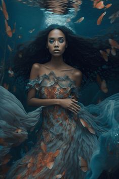 a woman with long black hair standing under water surrounded by orange and blue fish in the ocean