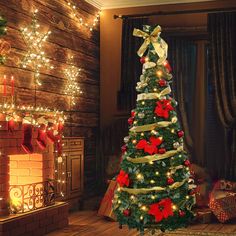 a decorated christmas tree in front of a fireplace with presents on the mantle and lights around it