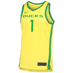 When it's Oregon Ducks basketball season, you'll always be ready to cheer them to victory when you have this Replica jersey from Nike. The design features authentic team graphics on the front and back for a little extra Oregon Ducks pizzazz. This jersey is also equipped with moisture-wicking Dri-FIT technology and Nike Dry fabrics for reliable comfort throughout every game this year. Sleeveless Officially licensed Heat-sealed graphics Material: 100% Polyester Dri-FIT technology wicks away moistu Basketball Team Jersey In Cotton, Basketball Jersey With Team Name In Cotton, Basketball Team Name Cotton Jersey, Collegiate Cotton Jersey For Team Events, Collegiate Cotton Basketball Jersey, Collegiate Basketball Jersey, Throwback Cotton Jersey For Team Events, Basketball Team Logo Cotton Jersey, Cotton Basketball Jersey With Team Logo