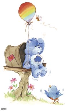 a blue teddy bear sitting on top of a mailbox with a rainbow balloon attached to it