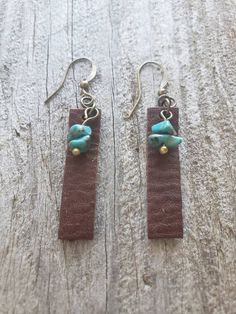 Handmade Turquoise Leather & Brass Earrings - Etsy Adjustable Bohemian Patina Earrings, Bohemian Turquoise Hand-tooled Earrings, Handmade Turquoise Leather Earrings, Handmade Leather Turquoise Earrings, Handmade Leather Earrings In Turquoise, Handmade Southwestern Leather Earrings, Rustic Hand Tooled Leather Jewelry, Artisan Brown Earrings With Patina, Artisan Brown Patina Earrings