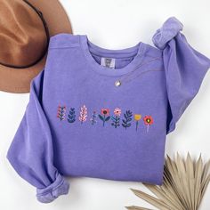 Wildflower Sweatshirt Embroidered Comfort Colors Fall Floral Embroidered Crewneck, Autumn Leaves and Flower Sweatshirt, MADE IN USA Spring Purple Crew Neck Sweatshirt, Purple Crew Neck Sweatshirt For Spring, Lavender Long Sleeve Sweatshirt For Spring, Long Sleeve Cotton Tops With Machine Embroidery, Spring Lavender Crew Neck Sweatshirt, Lavender Crew Neck Sweatshirt For Spring, Cotton Long Sleeve Tops With Machine Embroidery, Lavender Cotton Crew Neck Sweatshirt, Purple Floral Embroidery Top For Fall