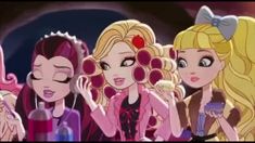 three cartoon girls with different hair colors and make - up products in front of them