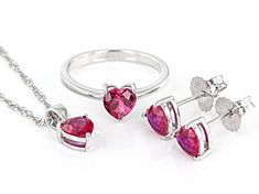 3.60ctw Heart Shape Lab Created Ruby Rhodium Over Sterling Silver Jewelry. Ring measures approximately .23"L x .26"W and is not sizeable. Earrings measure approximately .26"L x .25"W with push backings. Pendant measures approximately .49"L x .24"W with a 3.2mm bail, lobster claw clasp and a 2" extender. Valentine's Day Cubic Zirconia Gemstone Jewelry, Fine Jewelry Heart Cut For Valentine's Day, Valentine's Day Heart Cut Fine Jewelry, Gia Certified Heart-shaped Diamond Jewelry, Round Cut Cubic Zirconia Jewelry For Valentine's Day, Round Cut Jewelry For Valentine's Day Formal, Gia Certified White Gold Jewelry For Valentine's Day, Round Cut Jewelry For Valentine's Day Formal Occasions, Pear-shaped Jewelry For Valentine's Day Anniversary