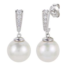 Sterling Silver 10-11mm Cultured Pearl and Created Sapphire Earrings A birthday. A graduation. An anniversary. Just because. The perfect present for special days (or for any day), this classic pearl and created sapphire drop earring boasts timeless charm that always delights. Wonderful for a favorite person or for you.                   Each approx. 1/2"L x 1/4"W     Stamped .925 sterling silver; polished finish      Pierced with butterfly backs   Stone Information       All sizes and weights approximate-     Cultured Freshwater Pearl: Off-round (10-11mm)     Created White Sapphire: Round; 0.21ctw Elegant Bridal Earrings In Diamond White For Formal Occasions, Elegant Diamond White Bridal Earrings For Formal Occasions, Elegant Diamond White Bridal Earrings For Formal Events, Elegant White Bridal Earrings For Formal Occasions, White Gold Pearl Earrings With Elegant Design For Anniversary, Classic Brilliant Cut Bridal Earrings For Party, Elegant White Gold Pearl Earrings For Anniversary, Classic Drop Bridal Earrings For Formal Occasions, Classic Formal Bridal Drop Earrings