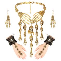 PRICES MAY VARY. Delicate and Distinctive Design: gothic bracelet is composed of vintage lace and skeleton accessories, with no finger design, the distinctive skull and skeleton hand are full of gothic feeling, and are decorated with pendant rings, elegant and stylish Quality Material: lace wrist band is made of reliable alloy and lace material, hard to break or tear, the necklace and earrings are made of alloy material, sturdy and stable in texture, suitable for long term use Flexible Size: ste Skeleton Accessories, Skeleton Necklace, Steampunk Pirate, Pirate Jewelry, Steampunk Bracelet, Gothic Lace, Gothic Bracelet, Necklace Collar, Steampunk Accessories