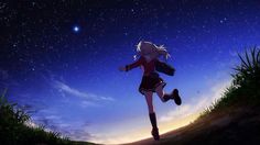 a girl is running across the field at night with stars in the sky behind her