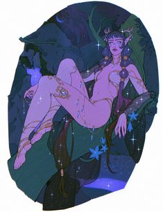 a drawing of a naked woman sitting on a tree branch in the night with stars around her