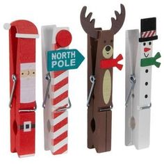 Smallest Size: 2.88" H x 0.96" W x 0.63" D Largest Size: 3.5" H x 1.19" W x 0.63" D Material: Wood & Metal Color: White, Red, Brown & Green Pattern: Stripes Quantity: 8 Dress up your gift tags with these Christmas Gift Tag Clips! Each clip is dressed like a Christmas icon, from Santa to a jolly snowman. One of the clips has a cute little sign that says "North Pole" on it. Attach these clips to cards and letters for a festive touch! Diy Gift Tags Ideas, Decorated Clothes Pins, Small Gifts For Coworkers, Xmas Market, School Christmas Gifts, Christmas Art For Kids, Kindness Gifts, Christmas Gift Tags Handmade, Pin Crafts