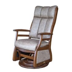 a wooden rocking chair with grey upholstered fabric on the back and seat cushion