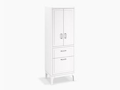 a tall white cabinet with two drawers