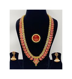 Excited to share this item from my #etsy shop: Traditional Meena RED Billalu Mango Pendant Long indianjewelry necklace for Bharatnatyam, Kuchipudi, Parties, Engagement, Weddings, Birthday Red Meenakari Temple Necklace For Ceremonial Occasions, Diwali Temple Jewelry Bridal Sets With Zari Work, Temple Jewelry Bridal Sets For Diwali, Temple Jewelry Sets For Puja With Meenakari, Temple Jewelry Sets With Meenakari For Puja, Red Meenakari Temple Jewelry Traditional Wear, Red Temple Necklace With Latkans For Wedding, Red Jewelry With Motifs For Puja, Diwali Temple Jewelry Bridal Sets