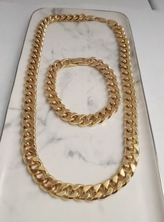 Gold Cuban Link Chain & Bracelet Set, Great Father's Day Gift, Gift for him. Made of 14k Gold Bonded Over Base Metal, Waterproof High Quality Set, Lifetime Guarantee. Both the chain and bracelet are 9mm thick. Heavy, solid set. Men Gold Chain, Gold Cuban Link Bracelet, Gold Cuban Link Chain, Cuban Link Bracelet, Oak Forest, Gold Bond, Mens Gold Bracelets, Link Chain Bracelet, Cuban Link Chain