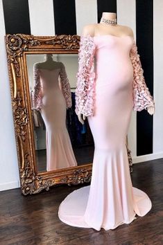 Pink Floral Long Sleeves Mermaid Floor Length Pregnant Formal Dresses | Babyonlinewholesale Pink Baby Shower Dress, Column Body Shape, Dresses For Baby Shower, Vestidos Para Baby Shower, Pink Maternity Dress, Cheap Prom Dresses Online, Maternity Dresses For Baby Shower, Formal Maternity Dress, Baby Shower Dress