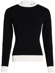 black/white recycled viscose knitted construction jacquard logo motif contrasting ribbed trim mock neck long sleeves straight hem Karl Lagerfeld Sweater, Chunky Knit Jumper, Latest Sweater, City Dress, Upcycled Materials, Summer Beach Wear, Ribbed Sweater, Knit Jumper, Karl Lagerfeld