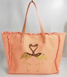 Fashion Beach Tote Bag - Gold Flamingo - 19 Inch x 15 Inch - Women Swim Pool Bag Large Tote Tulle Crafts, Fuzzy Fabric, Pool Bag, Gold Tote Bag, Beach Packing, Flamingo Beach, Swim Pool, Beach Tote Bag, Pool Bags