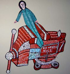 a drawing of a man riding on the back of a red car with words written all over it