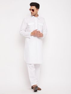 Vastramay mens white cotton blend pathani suit set Ethnic Looks, Drawstring Waistband, Mandarin Collar, Classic White, White Cotton, Outfit Sets, Knee Length, Comfort Fit, Cotton Blend