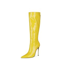 a yellow high heeled boot on a white background