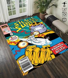 an area rug with comic covers on it