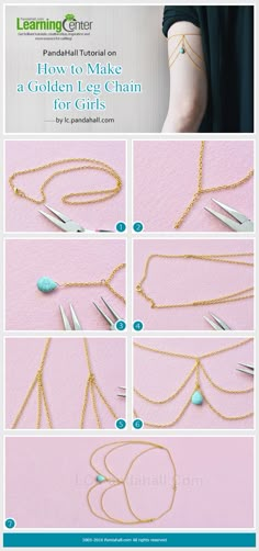 the instructions for making a necklace with gold chains and turquoise beaded beads on it