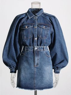 Washing instructions: Dry Clean Composition: Synthetic fiber, Cotton, Polyester Designer Style ID : GC51212566 Denim Set, Modern Womens Fashion, Skirts Denim, Woven Dress, Puff Sleeve Top, Designer Style, Lantern Sleeves, Trendy Tops, Winter Wear