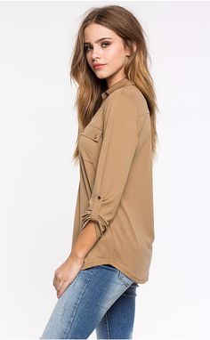 Turn Down Collar Long Sleeve Pocket Shirt - Uniqistic.com Classic V-neck Tops With Pockets, Casual Blouse With Roll-up Sleeves And Shirttail Hem, Versatile Fall Blouse With Roll-up Sleeves, Everyday Collared Tops For Fall, Casual Tops With Roll-up Sleeves And Shirttail Hem, Classic Shirt With Roll-up Sleeves For Day Out, Everyday Collared Shirt With Roll-up Sleeves, Trendy V-neck Top With Pockets, Versatile Solid Color Collared Shirt