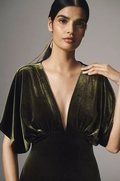 BHLDN Amelia Deep-V Stretch Velvet Maxi Dress | Anthropologie Elegant V-neck Evening Dress With Draped Sleeves, Chic V-neck Evening Dress For Date Night, Evening Ruched V-neck Maxi Dress, Cocktail Dress With Draped Sleeves And V-neck, Cocktail V-neck Dress With Draped Sleeves, Green V-neck Evening Dress, Green V-neck Bridesmaid Dress, Ruched V-neck Evening Dress For Night Out, Chic V-neck Maxi Dress With Draped Sleeves