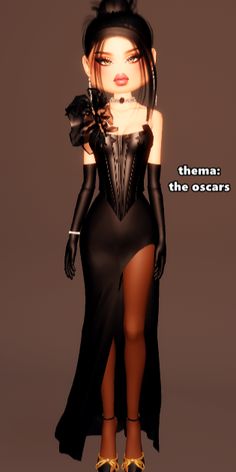 an image of a woman in black dress and high heels with words above her that say, thema the oscars