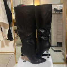 Beautiful Knee-High Black Brand New Nine West Boots High Ankle Synthetic Heeled Boots For Formal Occasions, Formal High Ankle Synthetic Heeled Boots, Synthetic Round Toe Knee-high Boots For Party, Black Synthetic Knee-high High Heel Boots, Black Synthetic High Heel Knee-high Boots, Synthetic Knee-high Boots With Round Toe For Party, Party Knee-high Boots With Padded Heel And Round Toe, Party Boots With Wide Calf In Synthetic Material, Wide Calf Synthetic Boots For Party