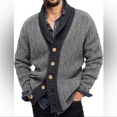 - New Mens Shawl Collar Cable Knit Cardigan Sweater Gray Arrives New Casual Gray Cable Knit Outerwear, Gray Cable Knit Long Sleeve Outerwear, Gray Sweater With Pockets For Layering, Gray Sweater For Cold Weather, Gray Layering Sweater With Pockets, Gray Sweater Coat For Fall, Classic Gray Long-sleeved Sweater Coat, Gray Sweater With Pockets For Cold Weather, Classic Gray Long Sleeve Sweater Coat