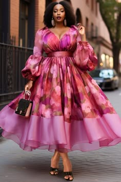 Xpluswear Design Plus Size Formal Pink V Neck Puff Sleeve Long Sleeve Midi Dresses[Pre-Order] Xpluswear Dress For Big Size Woman Party, Plus Size Luxury Fashion, Semi Formal Dresses Plus Size, Pink Dress Birthday Outfit, Latest Gown Designs Party Wear, Dresses For Church, Plus Size Dresses Formal, Long Sleeve Midi Dresses, Long Sleeve Floral Maxi Dress