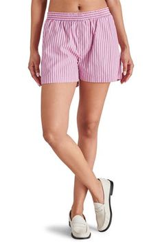 These sweetly striped boxer-inspired shorts are crafted from a lightweight woven fabric and topped with an elastic waist for all-day comfort. 3" inseam; 29" leg opening; 11" front rise; 15 1/2" back rise (size Medium) Elastic waist Side-seam pockets 67% polyester, 20% cotton, 13% modal Hand wash, dry flat Imported Striped Shorts For Daywear, Striped Relaxed Fit Shorts For Daywear, Spring Striped Relaxed Fit Shorts, Relaxed Fit Striped Shorts For Spring, Striped Summer Bottoms For Daywear, Striped Shorts For Spring Daywear, Striped Shorts For Daywear In Spring, Spring Striped Shorts For Daywear, Preppy Short Bottoms With Elastic Waistband