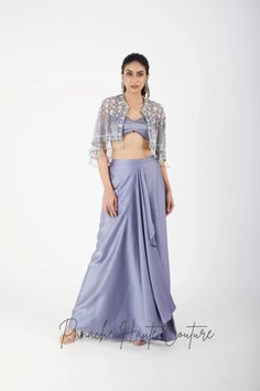 Grey Color Dhoti Skirt with Cape – Panache Haute Couture Dhoti Skirt Outfits, Draped Cloth, Dhoti Skirt, Indowestern Dresses, Indowestern Gowns, Western Gowns, Satin Bralette, Embroidered Cape, Indo Western Gown