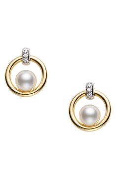 Glittering diamonds and glossy cultured pearls brighten these elegant circle earrings in 18-karat gold. Style Name:Mikimoto Cultured Pearl Circle Earrings. Style Number: 6249900. Mikimoto Pearl Earrings, Mikimoto Earrings, Build Wardrobe, Mikimoto Jewelry, Modern Pearl Earrings, Pearl Earrings Designs, Mikimoto Pearls, Expensive Taste, Pearl Jewelry Sets