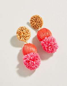 Make a splash with these bold and colorful straw and wicker beauties! Inspired by a tropical vacation, you'll reach for these lightweight Straw Pom Earrings over and over again. Please note This design features natural materials and each piece is one-of-a-kind. Colors and patterns may vary slightly from the image shown. Nail Polish Gift, Pom Earrings, Outfitters Clothes, Spartina 449, Love Embroidery, Summer Earrings, Sequin Embroidery, Bowl Candle, Summer Earring