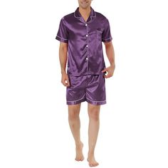 Sleep with this comfortable satin pajama shorts set. It has matching shorts featuring an elasticized waistband. A great choice for father's day, slumber parties, pajama nights, or daily wear at home. Contact us if you have any questions about sizing. Model Body Size: Height: 6'1", Chest: 38 2/8", Waist: 30 6/8", Hip: 42 1/8", Weight: 175 lbs, the model is wearing a size L. Size Chart-Shirt (in inches) International Size---US Size-----Chest Girth--------Back length----------Sleeve Length S------- Casual Satin Sleepwear, Mens Silk Pajamas, Pants Satin, Cotton Pajama Pants, Satin Pajama Set, Fleece Pajama Pants, Satin Pajama, Mens Pajamas Set, Mens Sleepwear