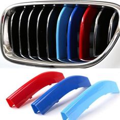 the front and rear grilles of a car with different colors on them, including red, blue, and black