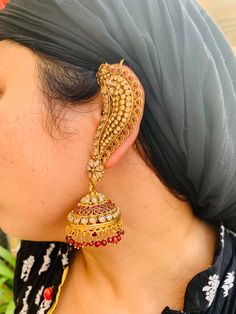 All ears covered Large Statement Earrings to glorify your formal wedding or festival look. One of a kind, very classic and elegant to go with saree and lehngas. Ear Covering Earrings, Large Statement Earrings, Traditional Earrings, Festival Looks, Formal Wedding, Indian Wedding, Statement Earrings, Ruby, Jewelry Earrings Dangle