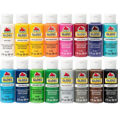 twelve colors of acrylic paint in different sizes